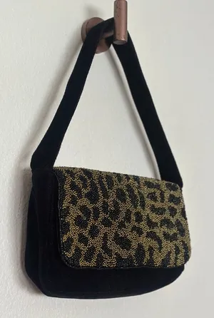 a new day Black and Gold Beaded Leopard Print Shoulder Bag Velvet Purse thumbnail 1