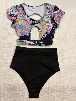 iHeartRaves Psychedelic Neon Keyhole Crop Top & High Waisted Bottoms Rave Set XS thumbnail 1