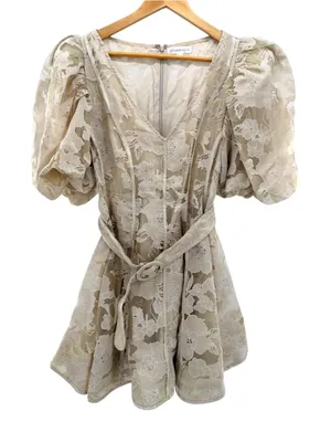 Savannah Taylor Floral Organza Puff Sleeve Belted Mini Dress Cream M Fairy Girly thumbnail 1