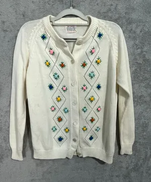 VTG Superbly Cardigan Sweater Large Ivory Embroidered Roses Cottage Core thumbnail 1