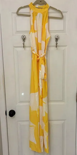 SHEIN Yellow And White Halter Jumpsuit with Waist Tie thumbnail 1