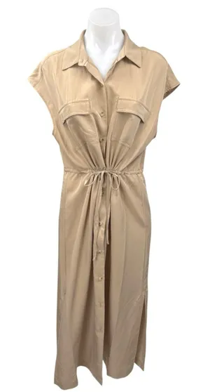 Old Navy Tan Beige Sleeveless Collar Button Down Drawstring Midi Shirt Dress M thumbnail 1