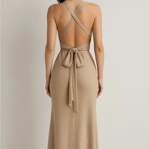 Maxi Dress Womens Small Tan Excellent Open‎ Back Criss Cross Tie Formal Evening thumbnail 2
