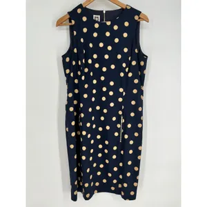 ANNE KLEIN Polka Dot Sheath Dress Womens 12 Navy Blue Tan Sleeveless Pockets thumbnail 2