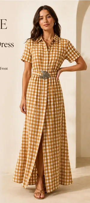 Uterqüe Mustard Gingham Maxi‎ Dress Orange thumbnail 1