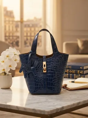 Luxury Navy Blue Croc-Embossed Bucket Bag with Gold Hardware & Charm thumbnail 9