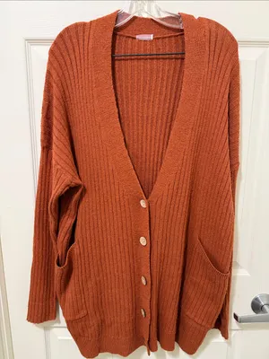 Free People Movement Medium Rust Orange Ribbed Button-Front Women's Cardigan. thumbnail 1