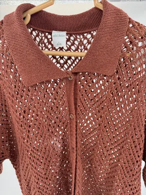 wild fable Brown metallic Open-Knit short sleeve crocheted Sweater L button up thumbnail 8