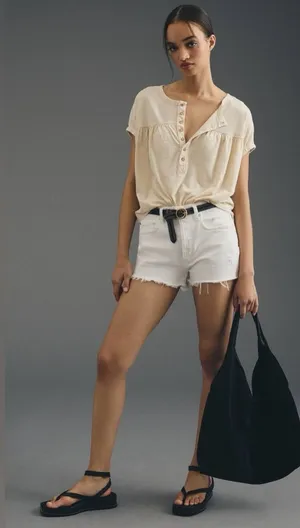 Pilcro Ruched Henley Tee XS Ivory Cream Button Front Cotton Anthropologie Top thumbnail 1