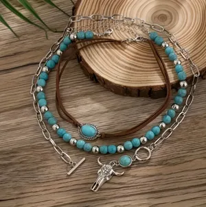 Turquoise and Silver Layered Necklace Set Blue thumbnail 10