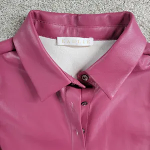 Karlie Womens Faux Leather Dress S Red Puff Sleeve Tiered Button Front Collared thumbnail 4