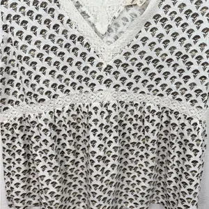 Lucky Brand Blouse Size L White Floral Crochet Trim Patterned Boho Babydoll Top thumbnail 4