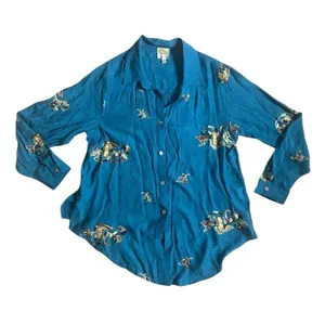 Fig and Flower Anthropologie Boho Floral Teal Shirt Embroidered Roll Tab thumbnail 2