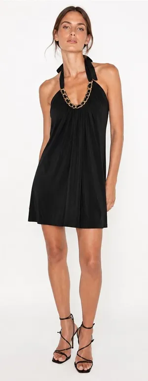 Cache Vintage Black Chain Neck Halter Cocktail Dress Glam Party Dress Size M thumbnail 1