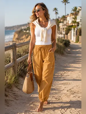 Rip Curl South Bay Cargo Pants Cotton Poplin Drawstring Utility Tan L thumbnail 2