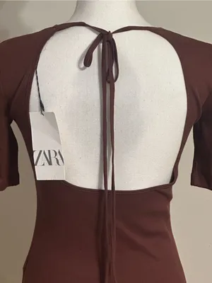 Zara Brown Ribbed Short Sleeve Open Back with Delicate Tie Top NWT thumbnail 5