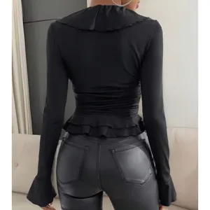 Women's Black Ruffle V-Neck Peplum‎ Long Sleeve Blouse Top Ruched Sexy XL 12 thumbnail 8