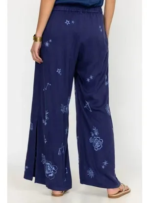 NWOT Johnny Was Wide Leg Embroidered Floral Pants Size L Blue Elastic waist thumbnail 3