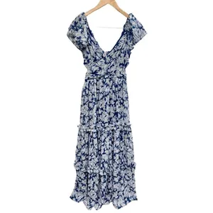 AQUA Blue White Floral Metallic Ruffle Maxi Dress Size Extra Small NWT thumbnail 2