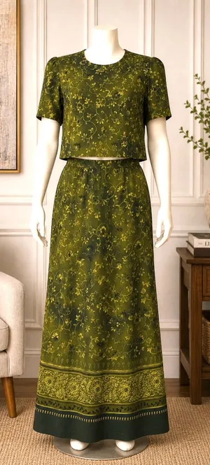 Vintage Plaza South Olive Green Floral Maxi Skirt Set Size 10 thumbnail 1