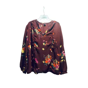 Old Navy Burgundy Floral V-Neck Peplum Blouse‎ Long Sleeve Top thumbnail 2