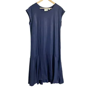Maeve Anthropologie Ismene Navy Blue Metallic Cap Sleeve Drop Waist Midi Dress L thumbnail 3