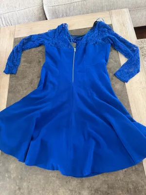 Lomone Elegant Royal Blue Lace-Sleeve Fit & Flare midi Dress thumbnail 5