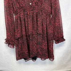 Zara Red & Black Cheetah Print Long‎ Sleeve Ruffled Mini Dress Size L thumbnail 3