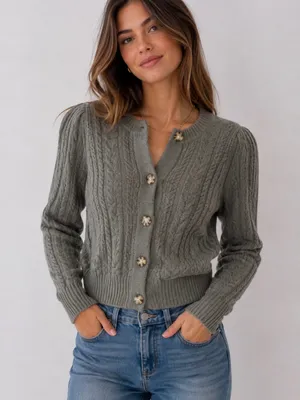 NWT LOFT Green Button-Up Cable Knit Preppy Cardigan Sweater Cotton Wool Blend thumbnail 1