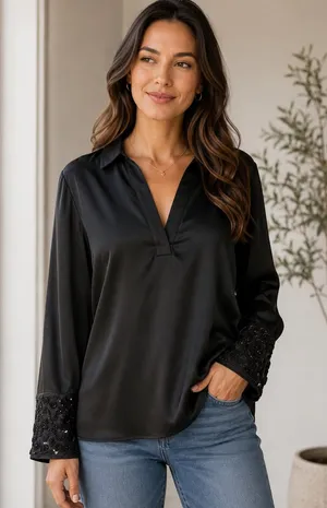 Zara Black Satin Blouse Embellished Jeweled Wide Cuffs Small Elegant Minimalist‎ thumbnail 1