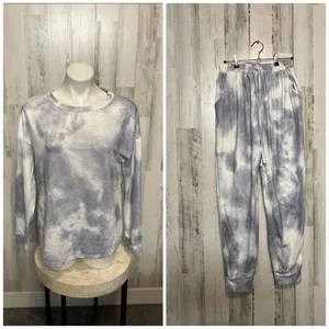 Tie Dye Lounge Set Womens Medium Gray White Sweatshirt Jogger Set Cozy thumbnail 2