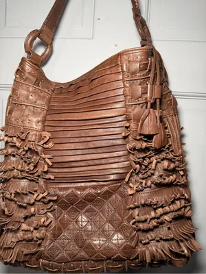 Bohemian leather Textured Fringe Shoulder Bag in Brown thumbnail 2