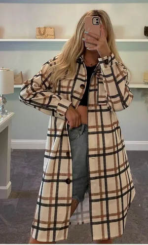 Plaid Longline Shacket Tan thumbnail 1