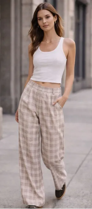 Lioness Mulholland Plaid Wide Leg Pants Beige High Rise Trouser XS thumbnail 1
