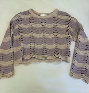 Altar'd State Lavender and Beige Striped Crochet Crewneck Sweater thumbnail 1