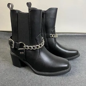Pazzle Black Square Toe Chunky Heel‎ Ankle Boots Chain Detail Women's Sz 8.5 EUC thumbnail 1