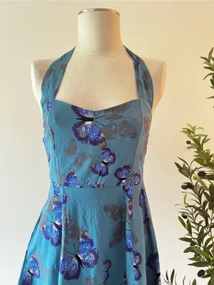 Whimsical teal Blue Butterfly Halter Dress with tulle ruffle thumbnail 2