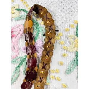 Vintage Leather Scalloped Disc Belt Made in Canada Boho Beaded Tie Closure Brown thumbnail 4