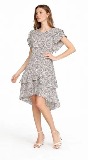 Who What Wear Womens‎ Cheetah Leopard Print Ruffle Tiered Midi Dress Tan Black L thumbnail 1