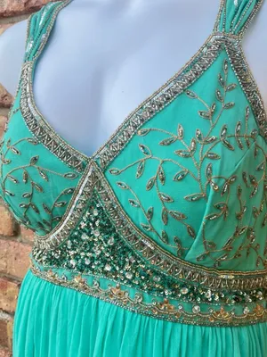 Vintage Stenay Green Gold Beaded Silk Fit & Flare Pleated Midi Dress Size 14 thumbnail 3