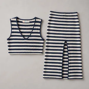 1292 |‎ Free People FP Beach Striped Terry Cloth Crop Top Midi Skirt Set Navy L thumbnail 1