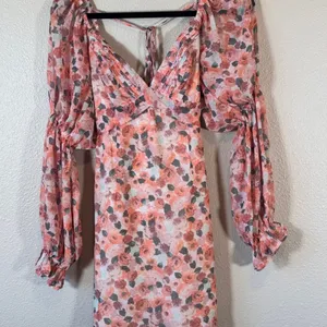 Lena Pink Orange Floral Boho Mini Dress Womens M Balloon Sleeve Spring Baddie thumbnail 9