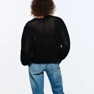 Zara textured open‎ knit chunky sweater crewneck balloon sleeves black size M thumbnail 2