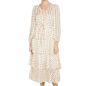 $168 NWOT O.P.T. Women's Beige V-Neck Long Sleeve Tiered Polka Dot Dress Size XS thumbnail 5