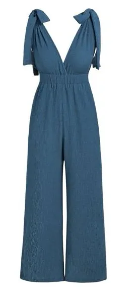NWT Cider Blue Tie Shoulder Plunge Neck High Waist Wide Leg Jumpsuit Medium thumbnail 1