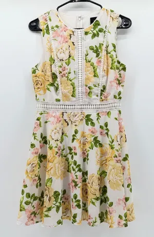 Disney Princess Belle Floral Lace Trim Fit Flare Dress Cream Yellow Womens M thumbnail 1