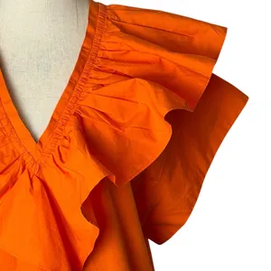 Tela Dress Women XS Orange Cotton Poplin Ruffle V-Neck Cap‎ Sleeve Shift Mini thumbnail 5