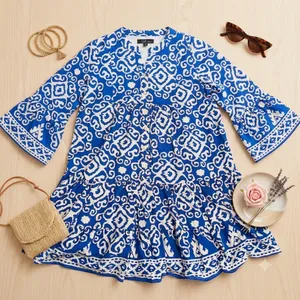 Calessa Blue‎ White Ikat Damask Tiered Cotton Mini Dress L Lined Flare Sleeve thumbnail 1