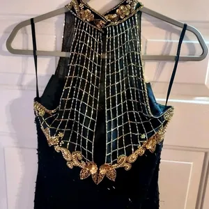 Ted LapidusBlack and Gold Strapless High Neck All Over Beaded Evening Gown Dress thumbnail 7