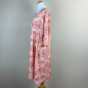 Sheilay Midi Dress Womens Large Pink Floral Tassel 3/4 Sleeve V-Neck‎ Summer NEW thumbnail 9